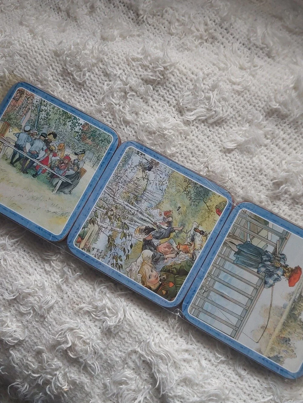 Vintage Illustrated Square Coasters Set - Blue Trim